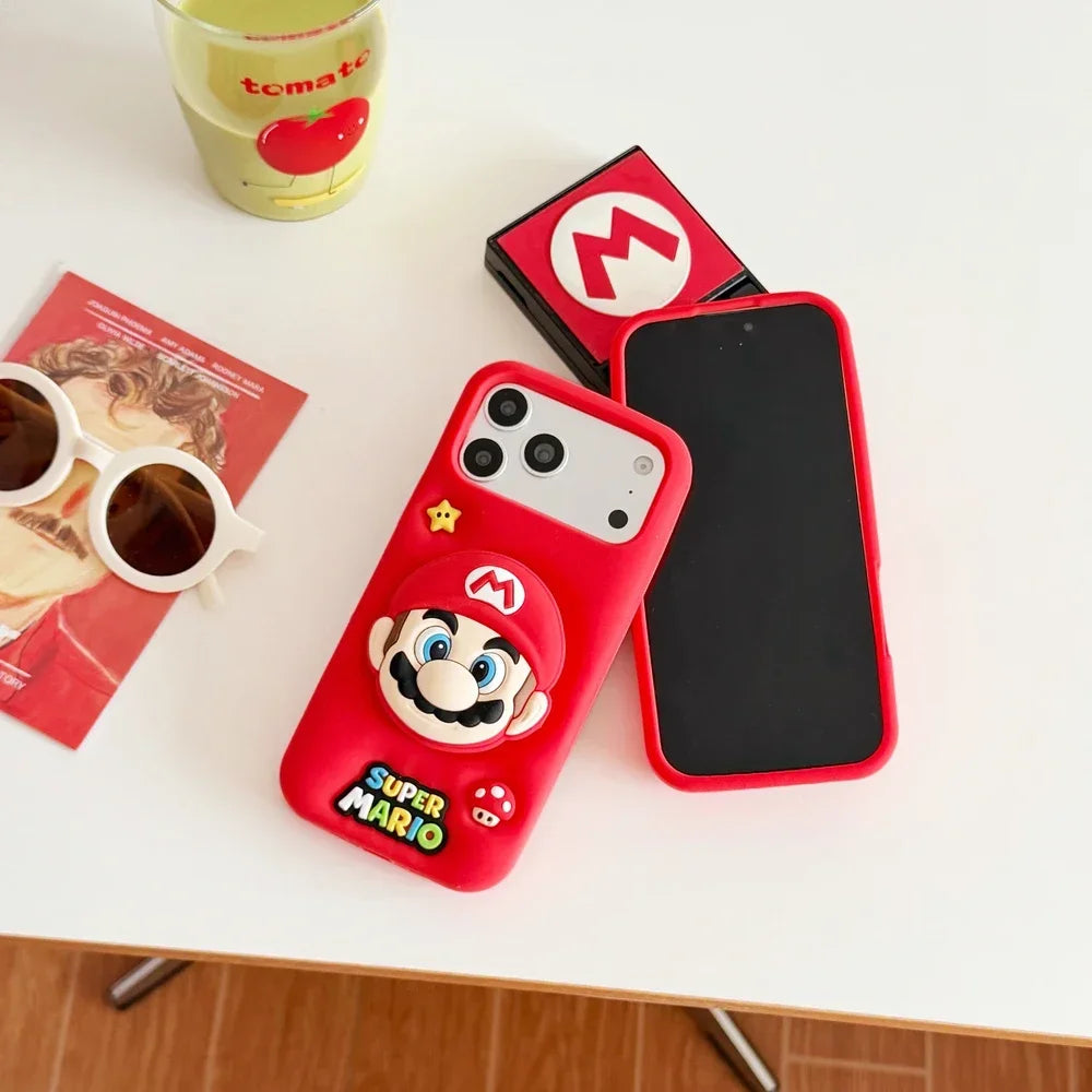 3D Stereoscopic Cute Cartoon Super M-Marios Bros Stand Holder Phone Case For iPhone 16 15 14 13 Pro Max Soft Silicone Cover
