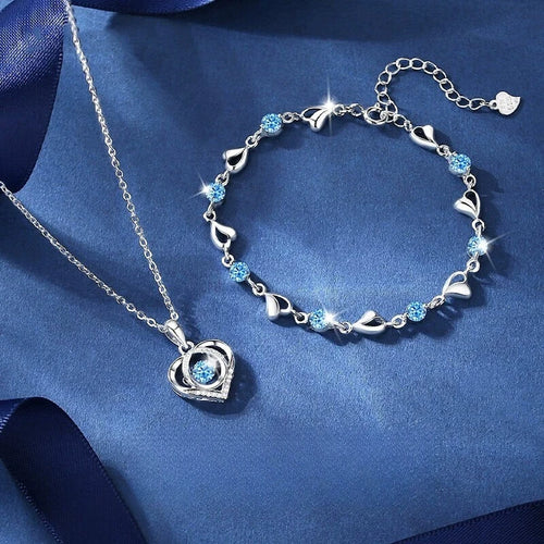 925 Sterling Silver Heart Shaped Necklace Bracelet Set for Women Vintage Crystal Bracelets