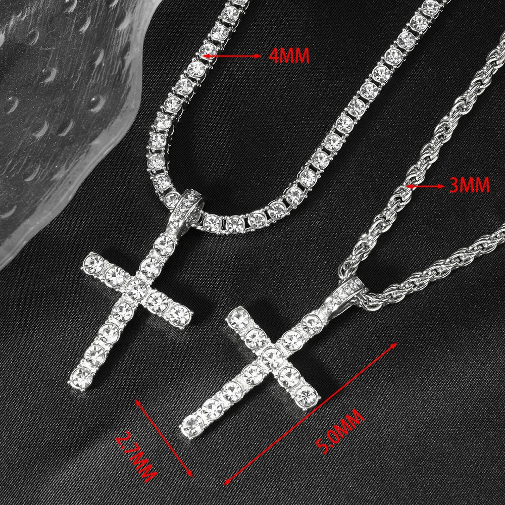Cross Pendant Necklace with a 4mm Zircon Tennis Chain Men or Women Necklace