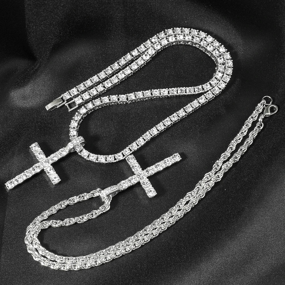 Cross Pendant Necklace with a 4mm Zircon Tennis Chain Men or Women Necklace