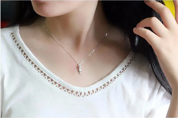 925 Sterling Silver Simple Animal Cute Kitty Clavicle Chain Pendant