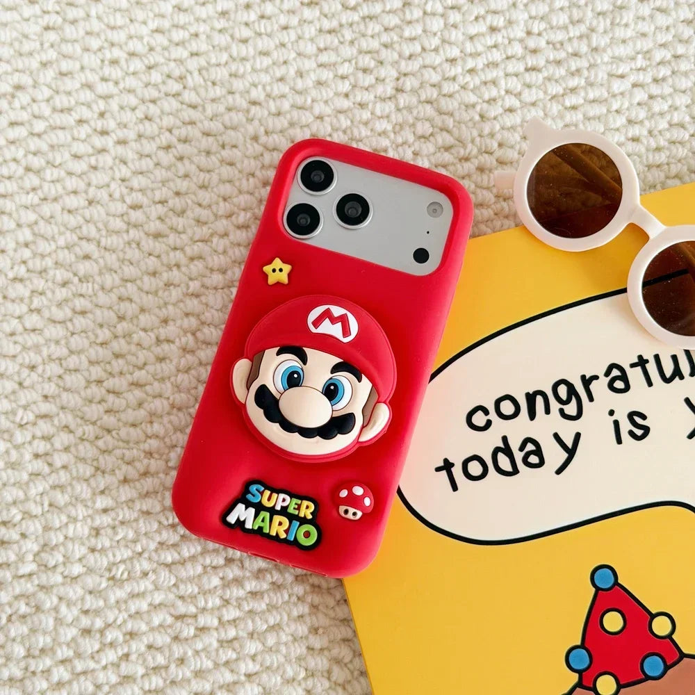 3D Stereoscopic Cute Cartoon Super M-Marios Bros Stand Holder Phone Case For iPhone 16 15 14 13 Pro Max Soft Silicone Cover