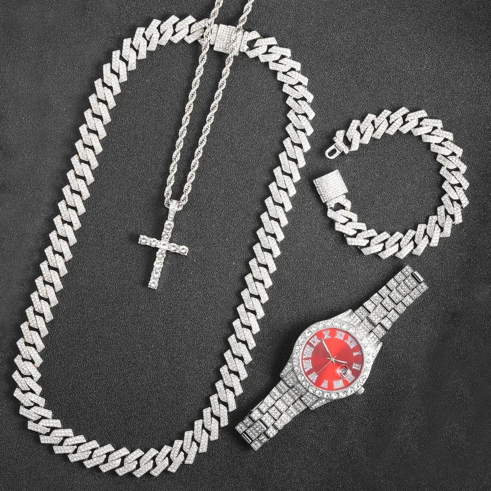Men's Diamond Inlaid Cuban Chain Watch Set
