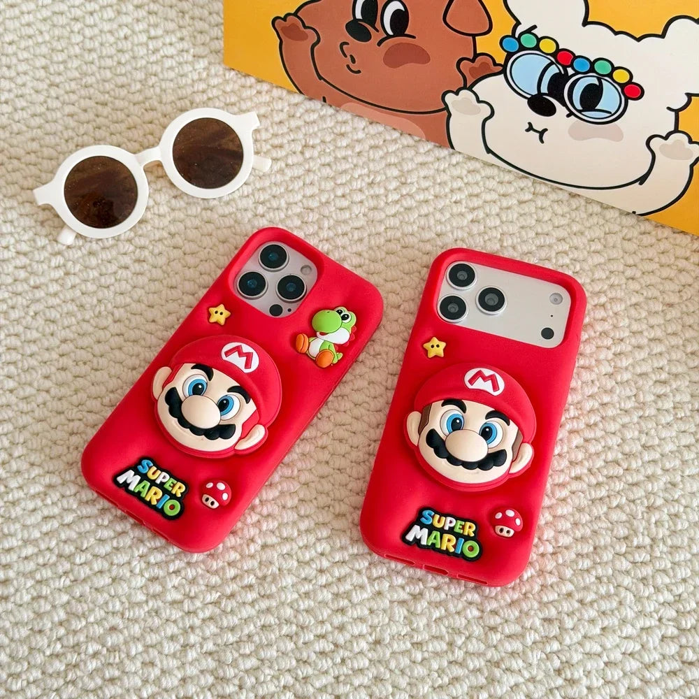 3D Stereoscopic Cute Cartoon Super M-Marios Bros Stand Holder Phone Case For iPhone 16 15 14 13 Pro Max Soft Silicone Cover