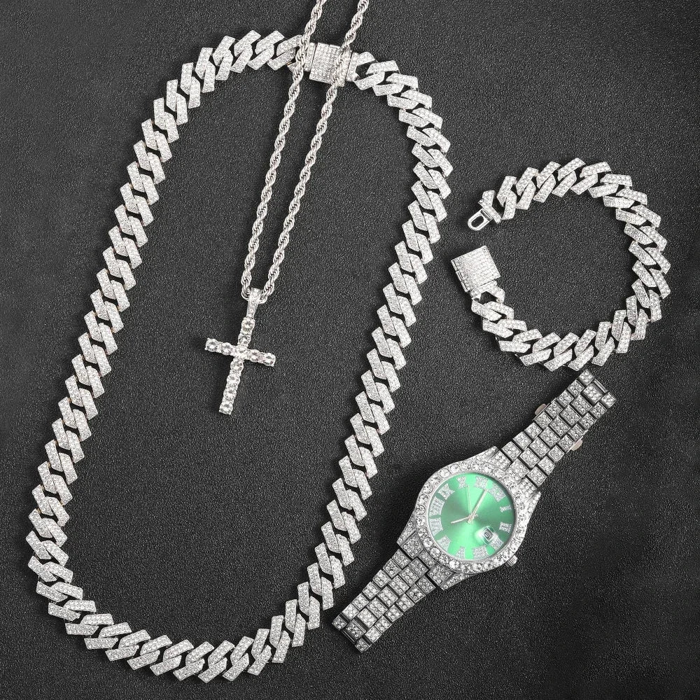 Men's Diamond Inlaid Cuban Chain Watch Set