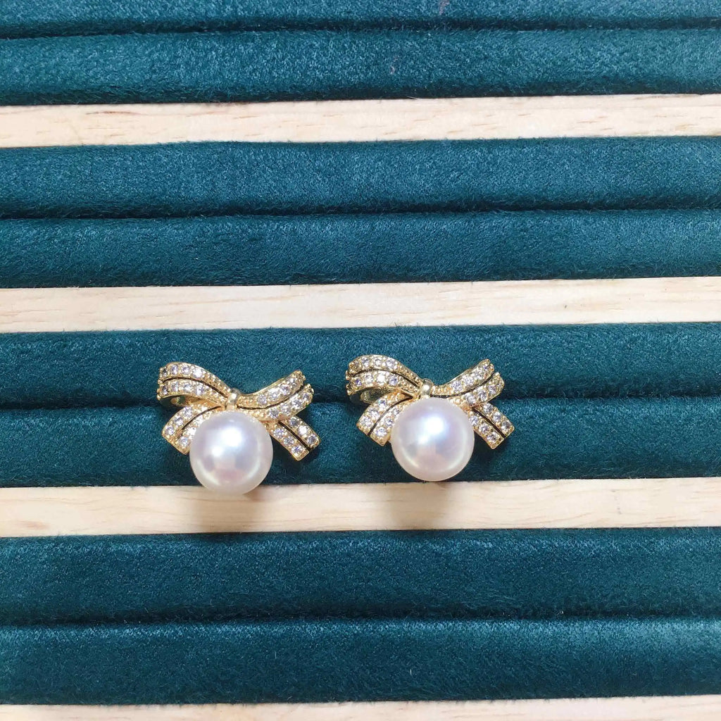 14k Gold Gilled Pearl Earrings For Women  Bow Tie Stud Earring Real Natural Freshwater Pearl