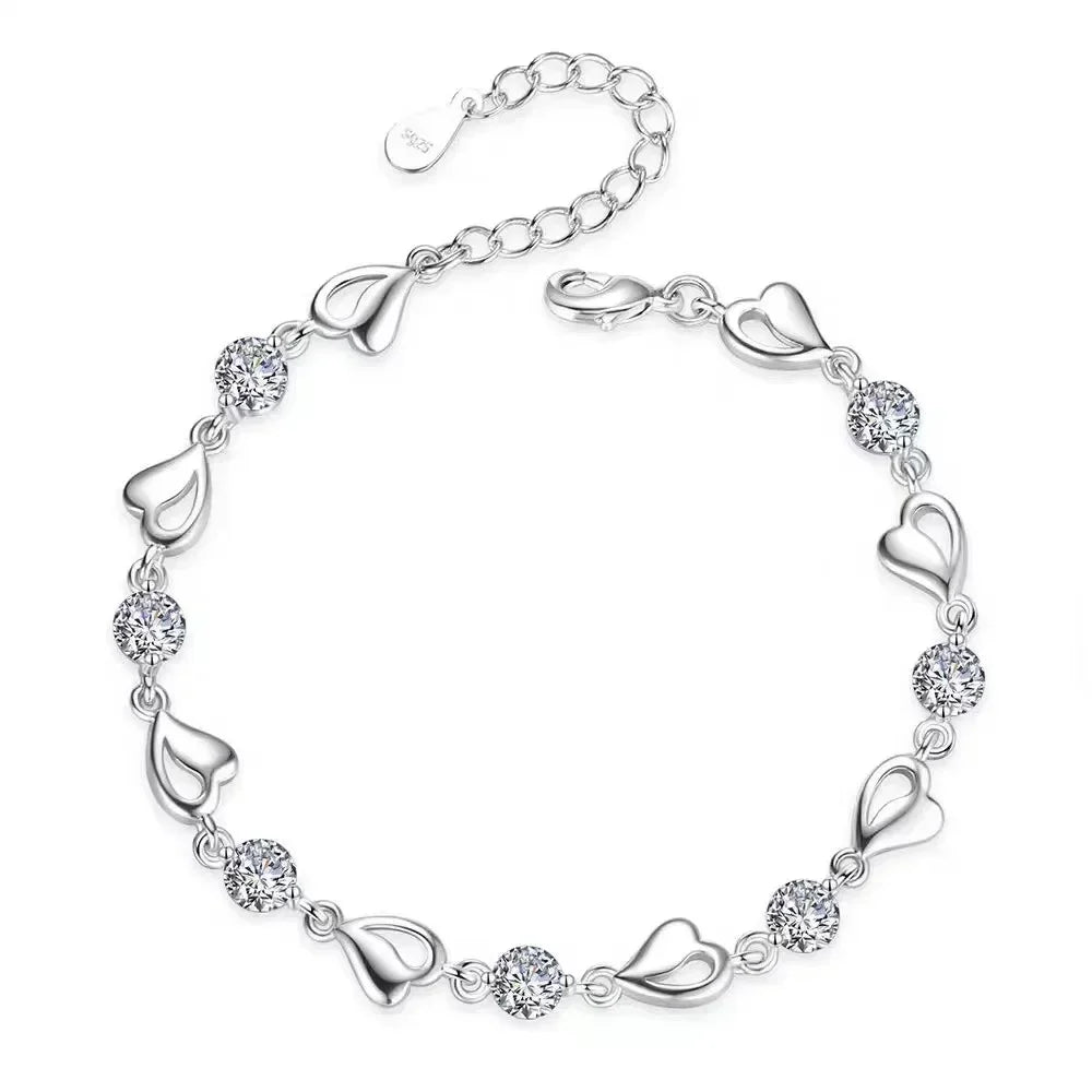 925 Sterling Silver Heart Shaped Necklace Bracelet Set for Women Vintage Crystal Bracelets