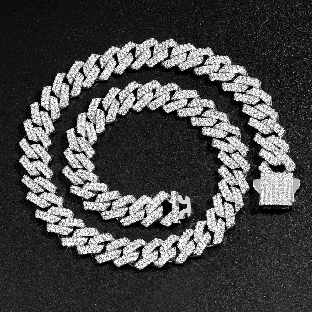 Cuban Link Chain 14MM Prong Diamond Cuban Chain Choker Necklaces for Women or Men