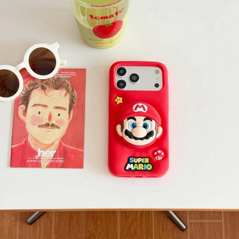 3D Stereoscopic Cute Cartoon Super M-Marios Bros Stand Holder Phone Case For iPhone 16 15 14 13 Pro Max Soft Silicone Cover