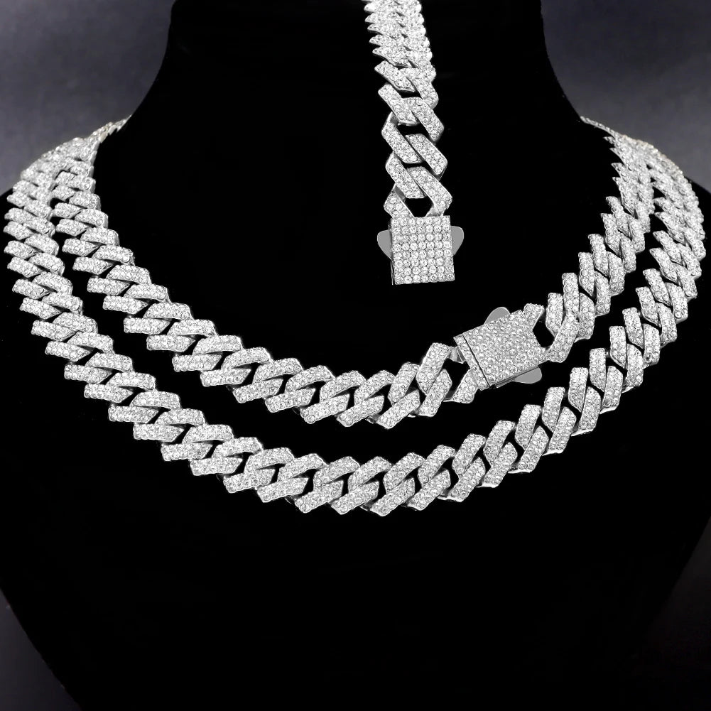 Cuban Link Chain 14MM Prong Diamond Cuban Chain Choker Necklaces for Women or Men