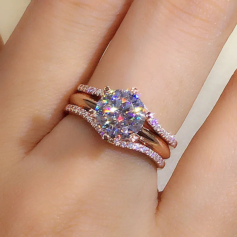 Huitan Unique Rose Gold Color Rings for Women Classic 6 Claws Designed Wedding or Engagement Bands