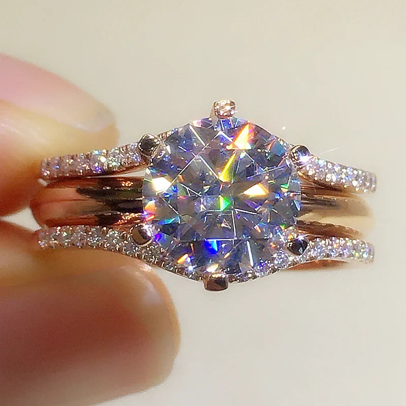 Huitan Unique Rose Gold Color Rings for Women Classic 6 Claws Designed Wedding or Engagement Bands