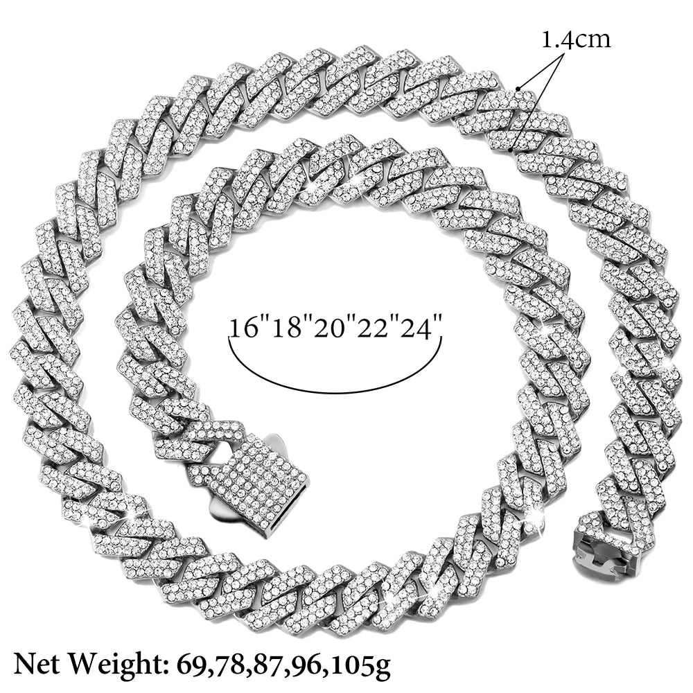 Cuban Link Chain 14MM Prong Diamond Cuban Chain Choker Necklaces for Women or Men