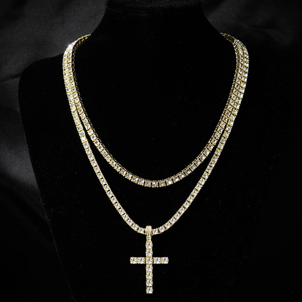 Cross Pendant Necklace with a 4mm Zircon Tennis Chain Men or Women Necklace