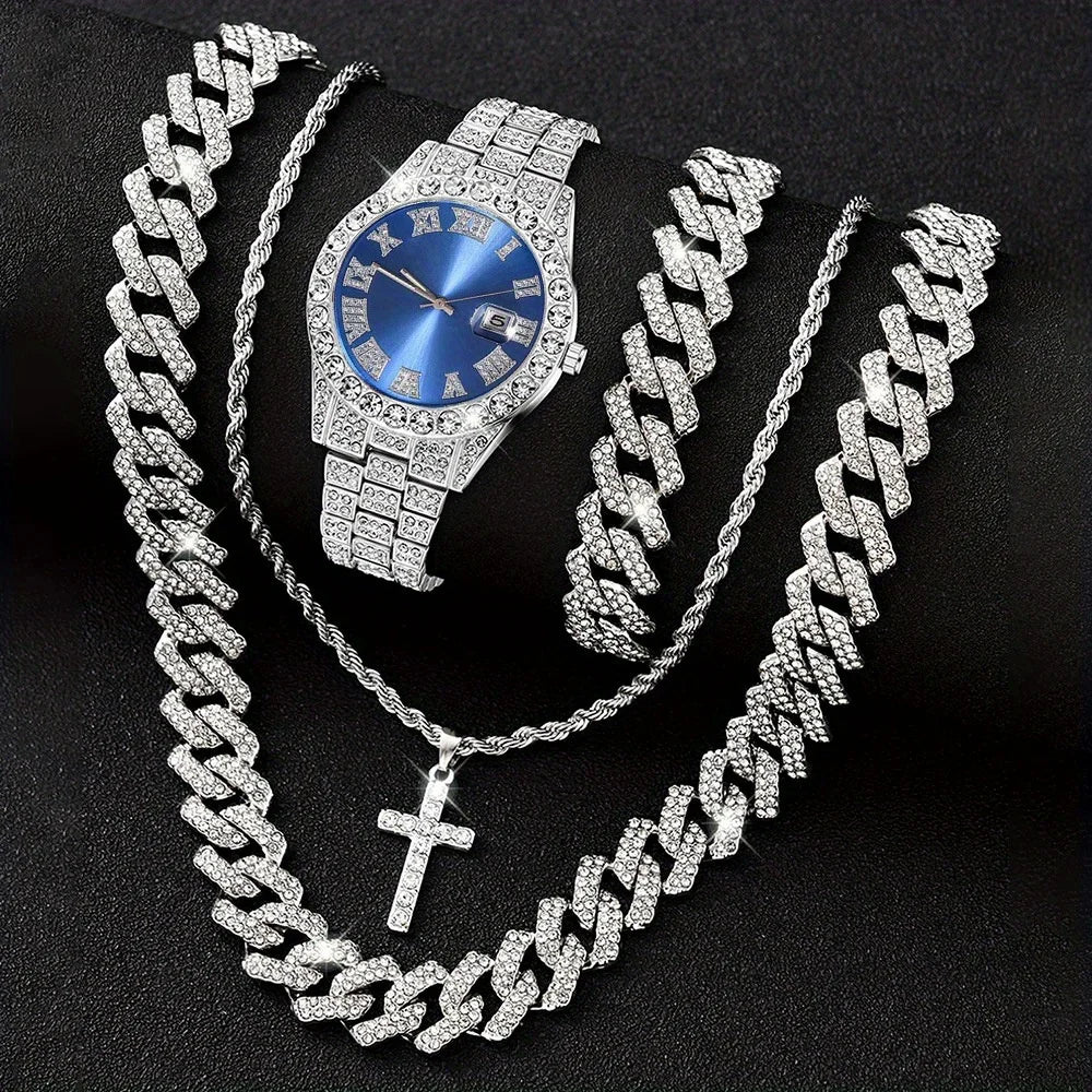 Men's Diamond Inlaid Cuban Chain Watch Set
