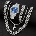 Men's Diamond Inlaid Cuban Chain Watch Set