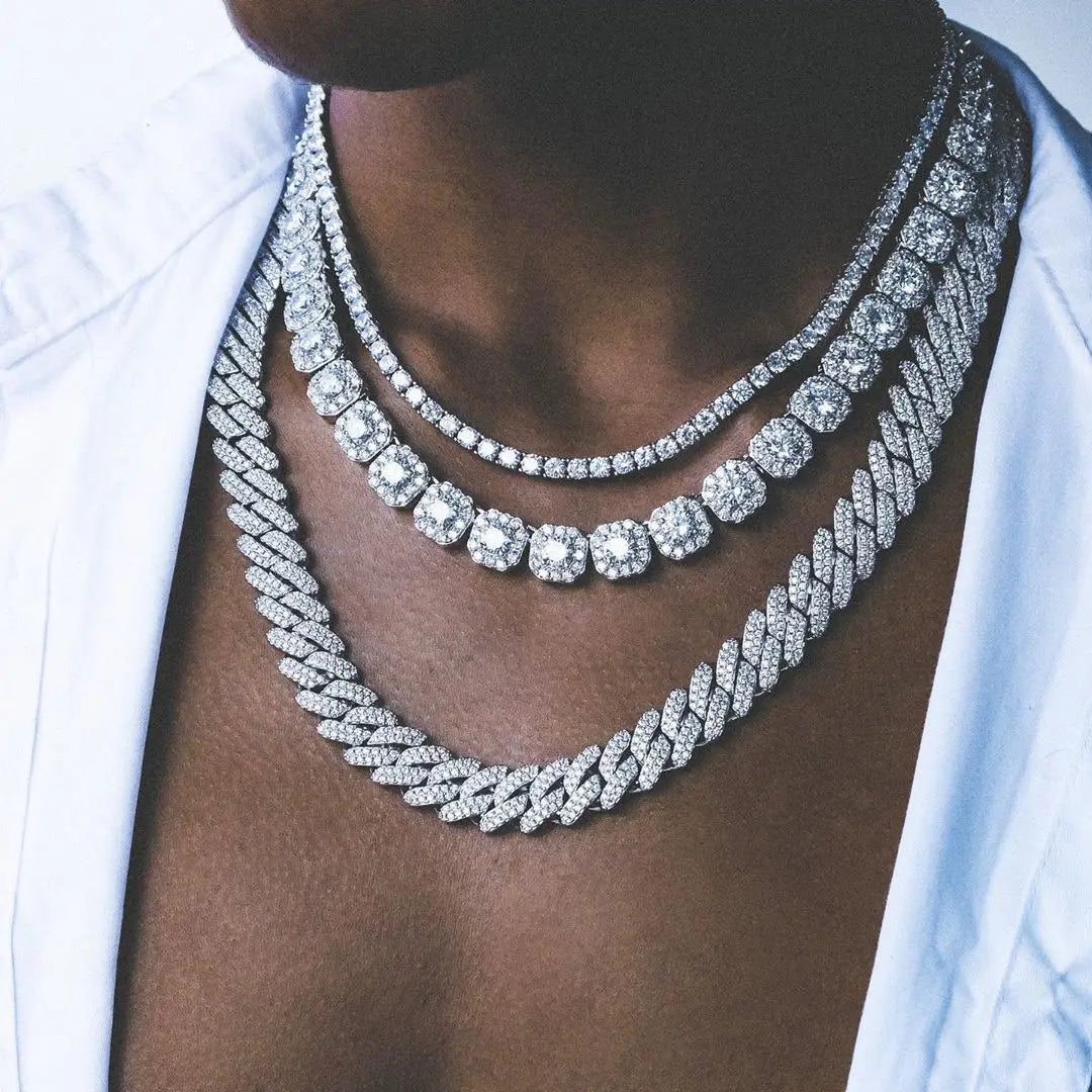 Paved Cuban Link Chain Tennis Necklace Women Men 13/14MM Prong Necklace
