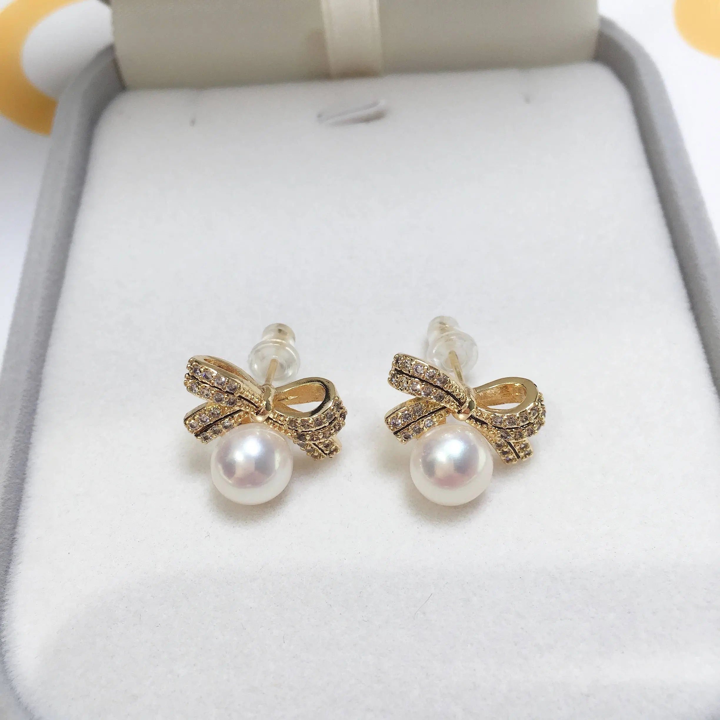 14k Gold Gilled Pearl Earrings For Women  Bow Tie Stud Earring Real Natural Freshwater Pearl