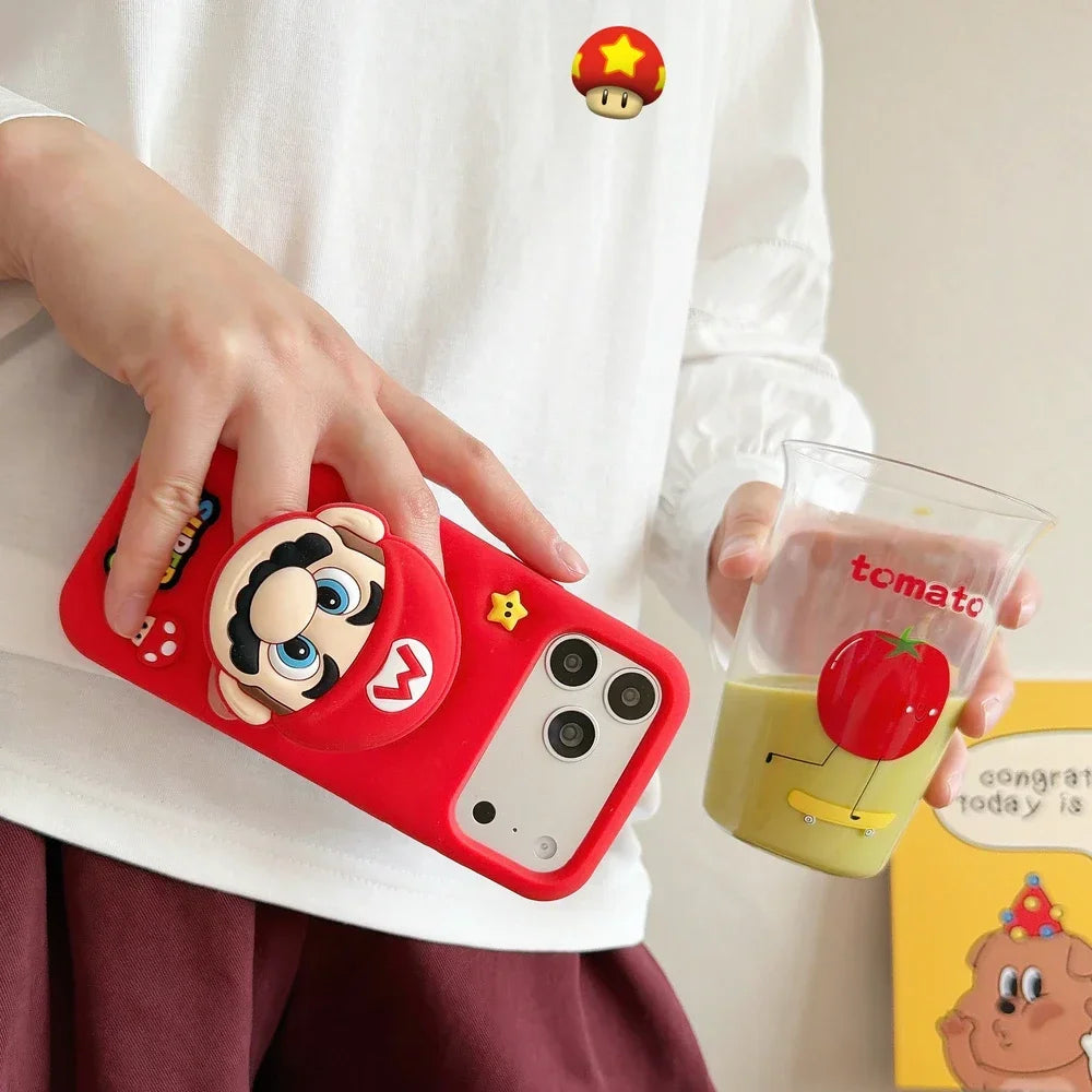 3D Stereoscopic Cute Cartoon Super M-Marios Bros Stand Holder Phone Case For iPhone 16 15 14 13 Pro Max Soft Silicone Cover
