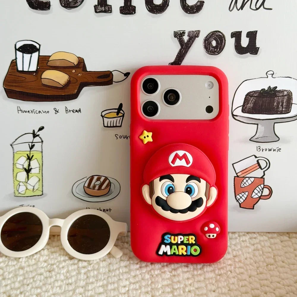 3D Stereoscopic Cute Cartoon Super M-Marios Bros Stand Holder Phone Case For iPhone 16 15 14 13 Pro Max Soft Silicone Cover