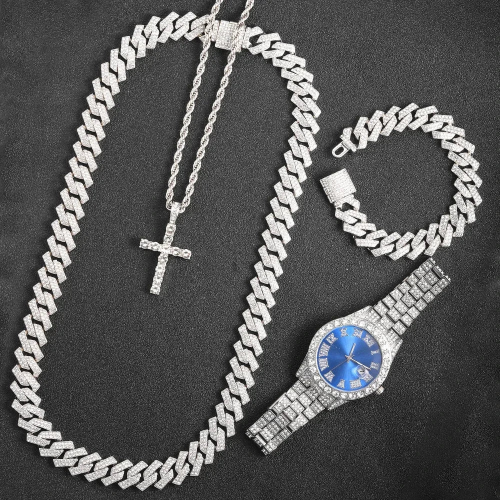 Men's Diamond Inlaid Cuban Chain Watch Set