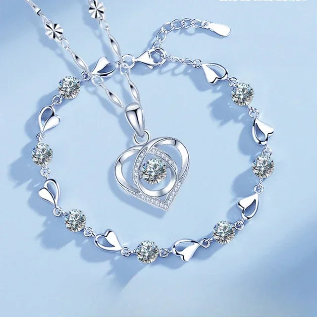 925 Sterling Silver Heart Shaped Necklace Bracelet Set for Women Vintage Crystal Bracelets
