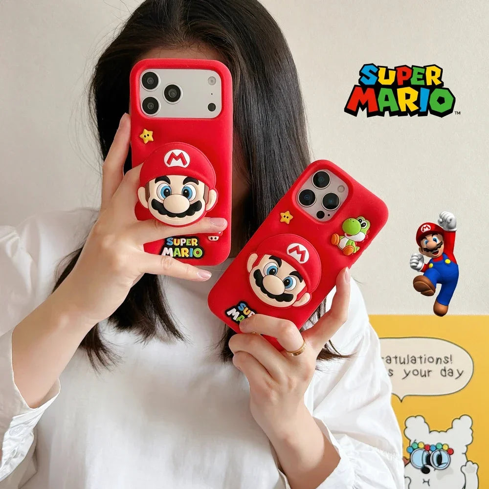 3D Stereoscopic Cute Cartoon Super M-Marios Bros Stand Holder Phone Case For iPhone 16 15 14 13 Pro Max Soft Silicone Cover