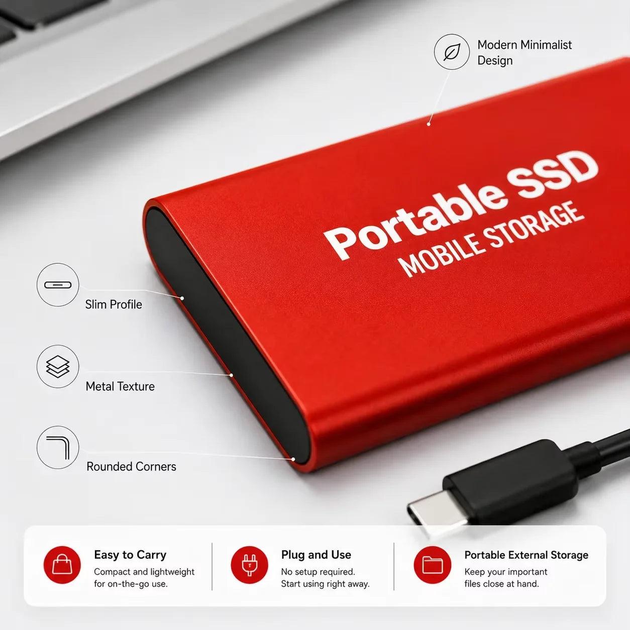 1TB External SSD Portable Hard Drive USB 3.0 Type-C Fast Storage Plug Play for Laptop Mac PC Student Daily Use
