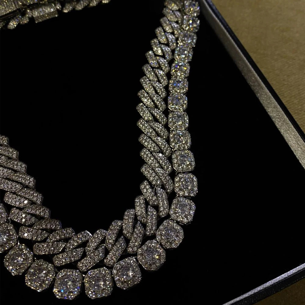 Paved Cuban Link Chain Tennis Necklace Women Men 13/14MM Prong Necklace