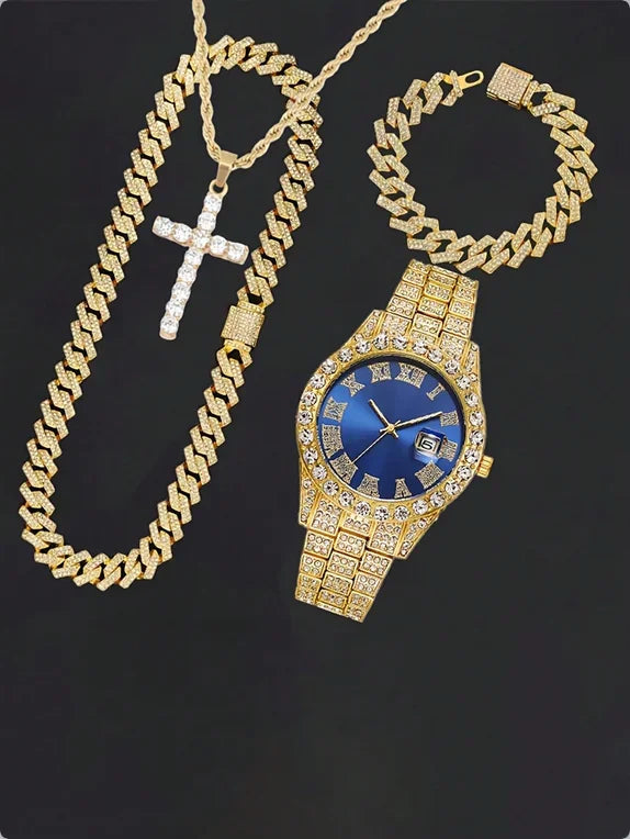 Men's Diamond Inlaid Cuban Chain Watch Set