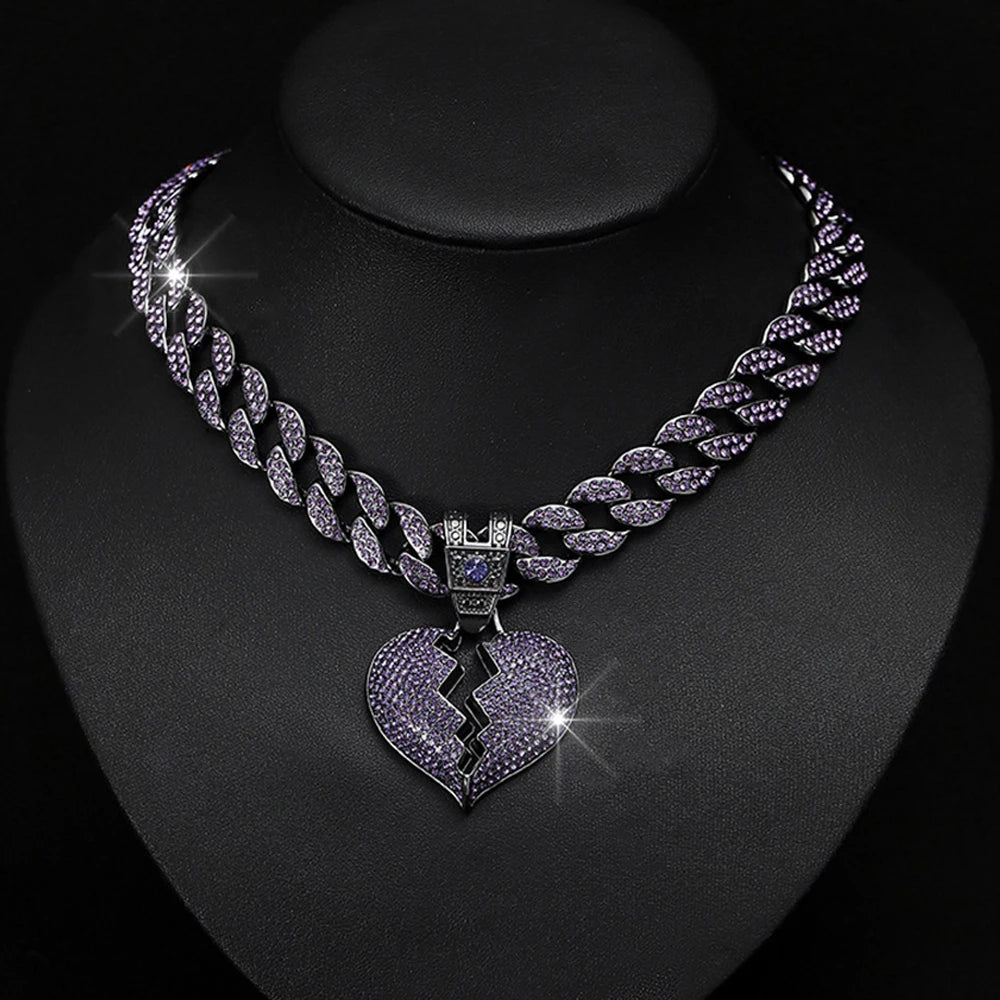 Big Purple Love Pendant Necklace 16MM Cuban Chain
