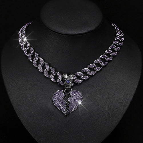 Big Purple Love Pendant Necklace 16MM Cuban Chain