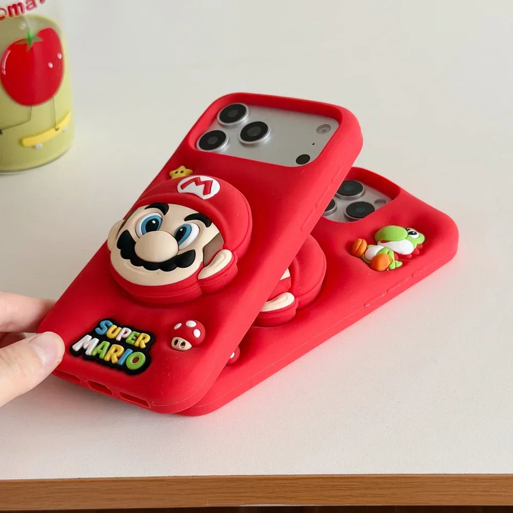 3D Stereoscopic Cute Cartoon Super M-Marios Bros Stand Holder Phone Case For iPhone 16 15 14 13 Pro Max Soft Silicone Cover