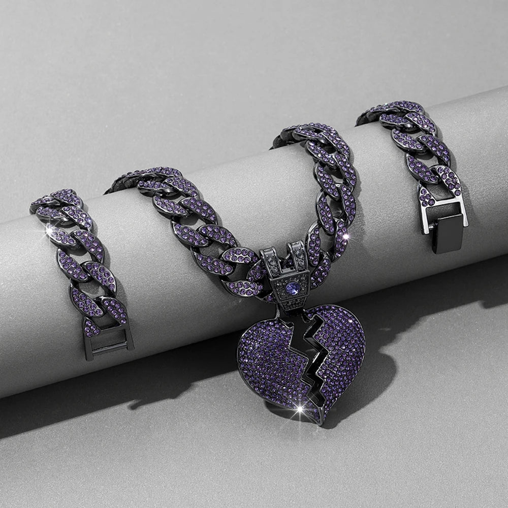 Big Purple Love Pendant Necklace 16MM Cuban Chain