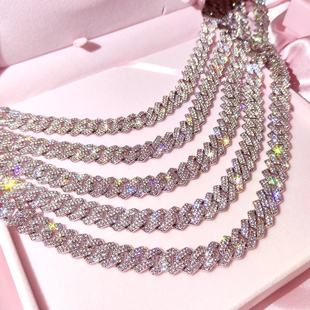 Miami Prong Cuban Link Chain Necklace for Women Gold or Silver2 Row Cuban Choker