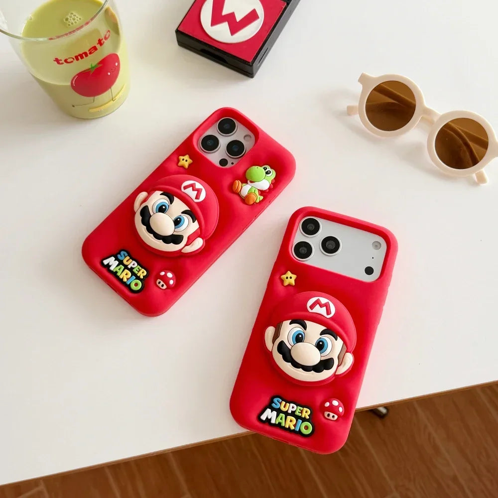 3D Stereoscopic Cute Cartoon Super M-Marios Bros Stand Holder Phone Case For iPhone 16 15 14 13 Pro Max Soft Silicone Cover