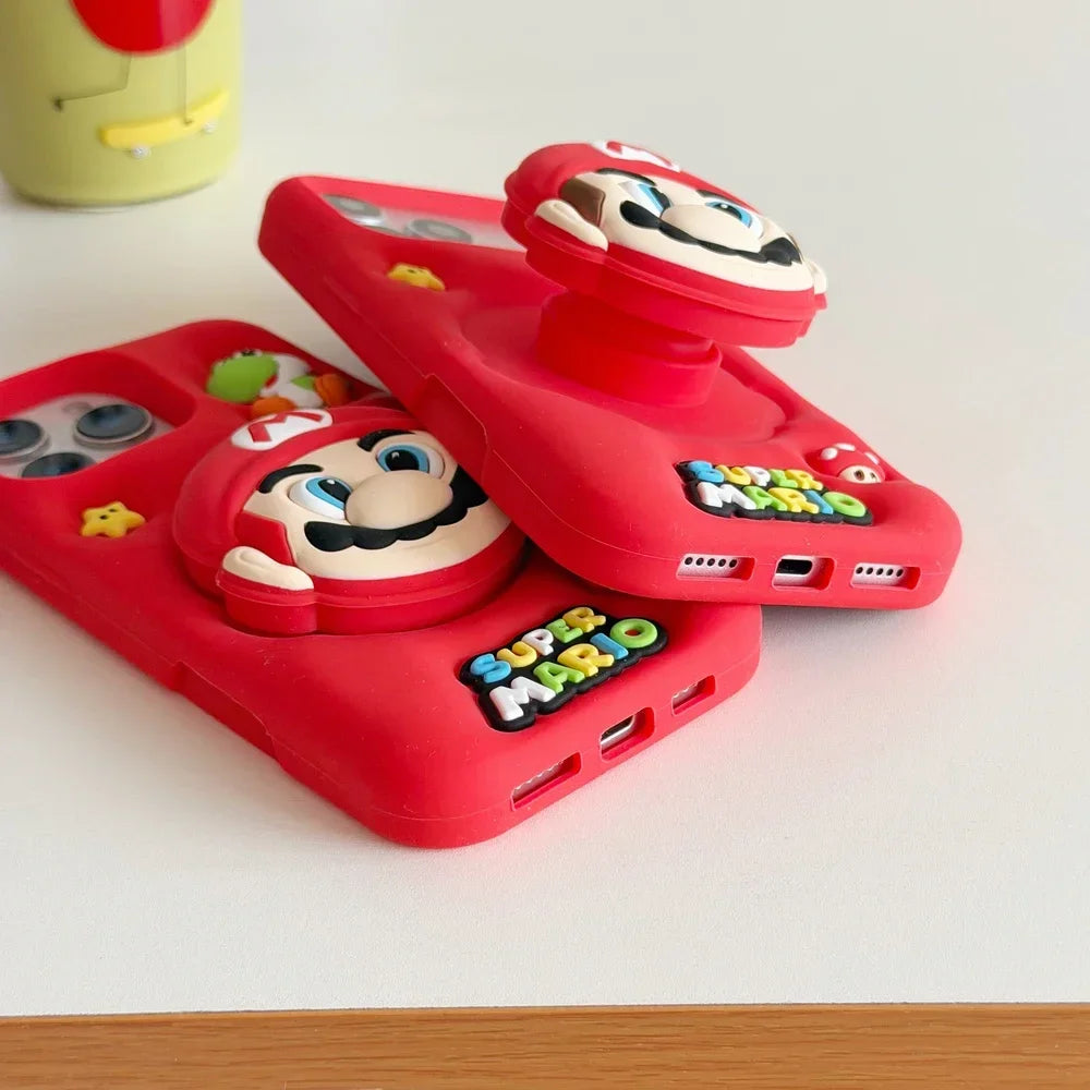 3D Stereoscopic Cute Cartoon Super M-Marios Bros Stand Holder Phone Case For iPhone 16 15 14 13 Pro Max Soft Silicone Cover