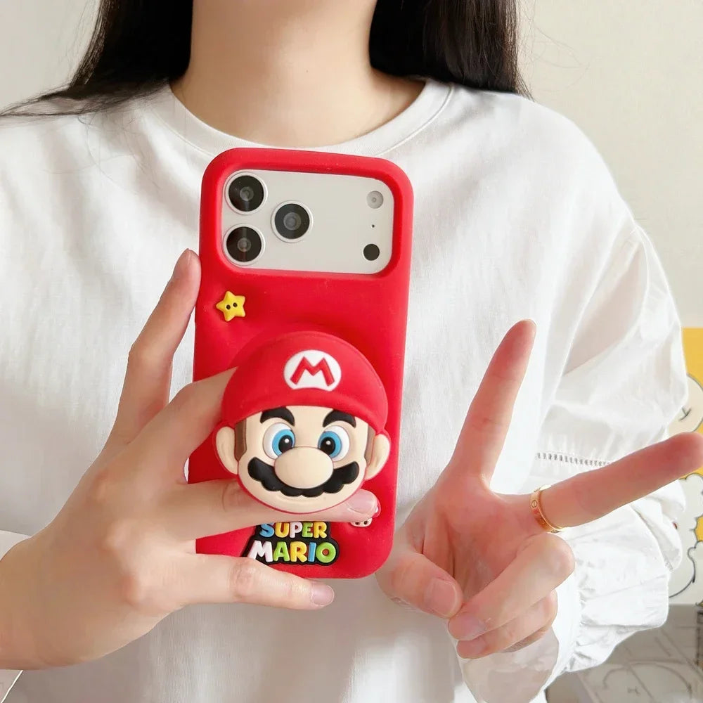 3D Stereoscopic Cute Cartoon Super M-Marios Bros Stand Holder Phone Case For iPhone 16 15 14 13 Pro Max Soft Silicone Cover
