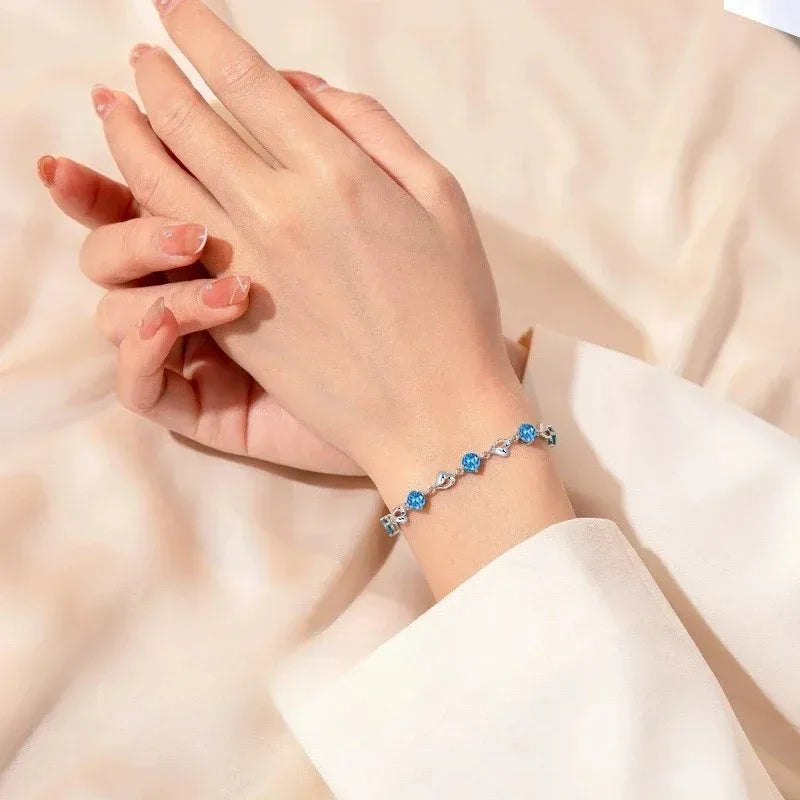 925 Sterling Silver Heart Shaped Necklace Bracelet Set for Women Vintage Crystal Bracelets