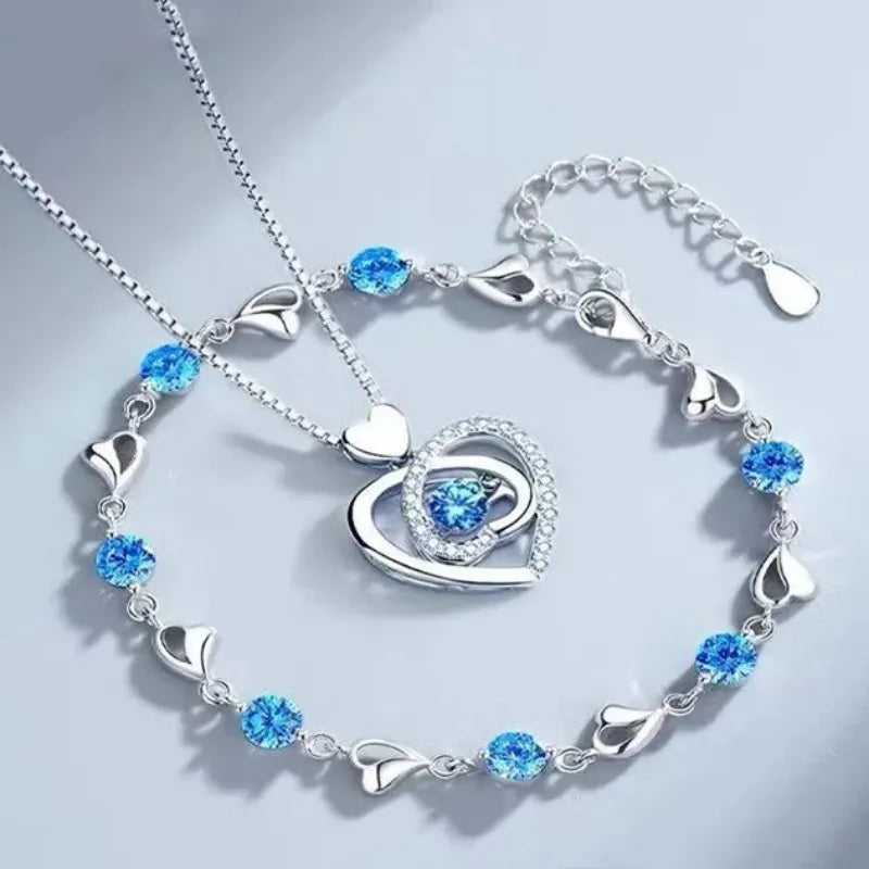 925 Sterling Silver Heart Shaped Necklace Bracelet Set for Women Vintage Crystal Bracelets