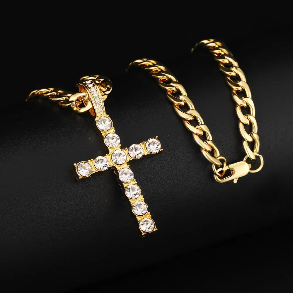 Men's Diamond Inlaid Cuban Chain Watch Set