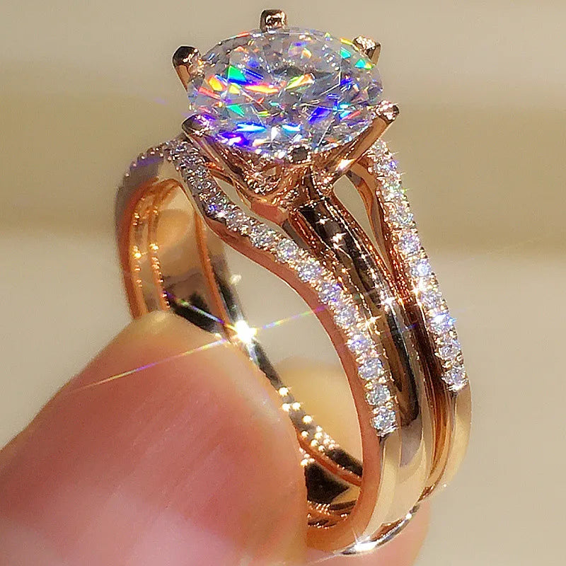 Huitan Unique Rose Gold Color Rings for Women Classic 6 Claws Designed Wedding or Engagement Bands