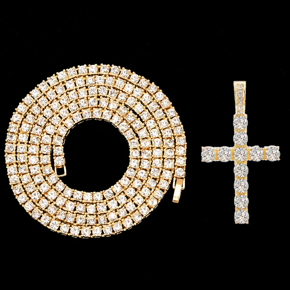 Cross Pendant Necklace with a 4mm Zircon Tennis Chain Men or Women Necklace